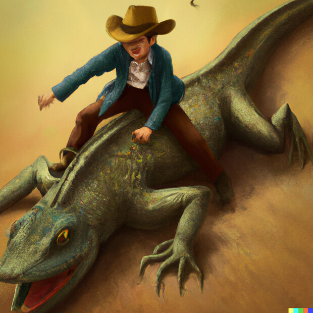 a cowboy riding a giant lizard in a rodeo, digital art - version 2